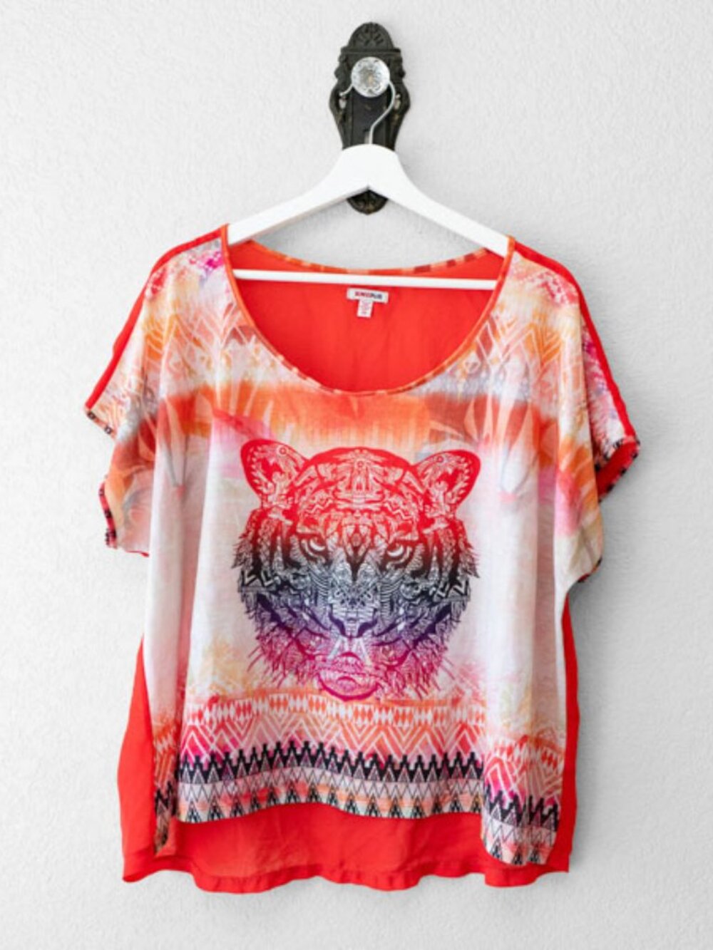 Bongo Plus Tiger Graphic Semi Sheer Blouse Top Coral Boho Festival 2X